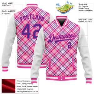 Custom Light Pink Purple Pink Check Board 3D Pattern Design Bomber Full Snap Baseball Jacket Custom Team Jacket 2 mvesdq.jpg