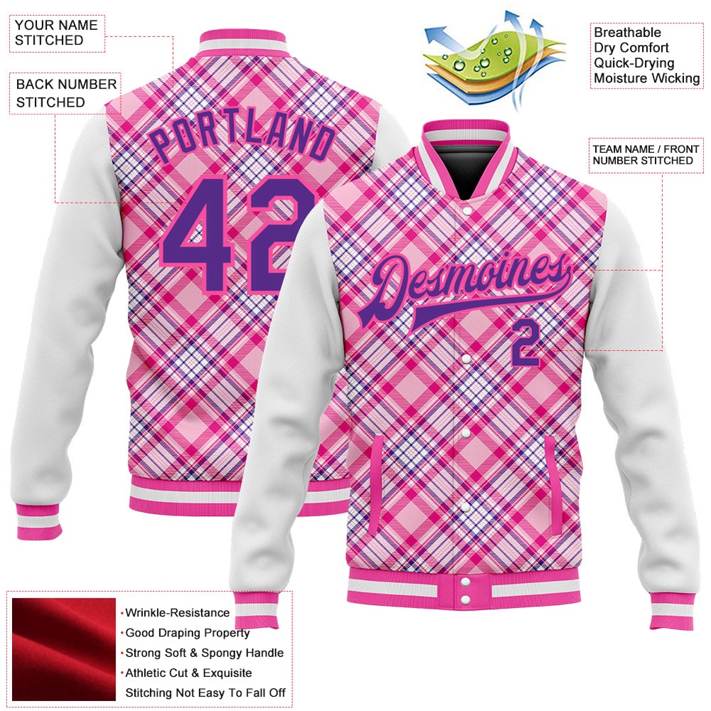 Custom Light Pink Purple Pink Check Board 3D Pattern Design Bomber Full Snap Baseball Jacket, Custom Team Jacket
