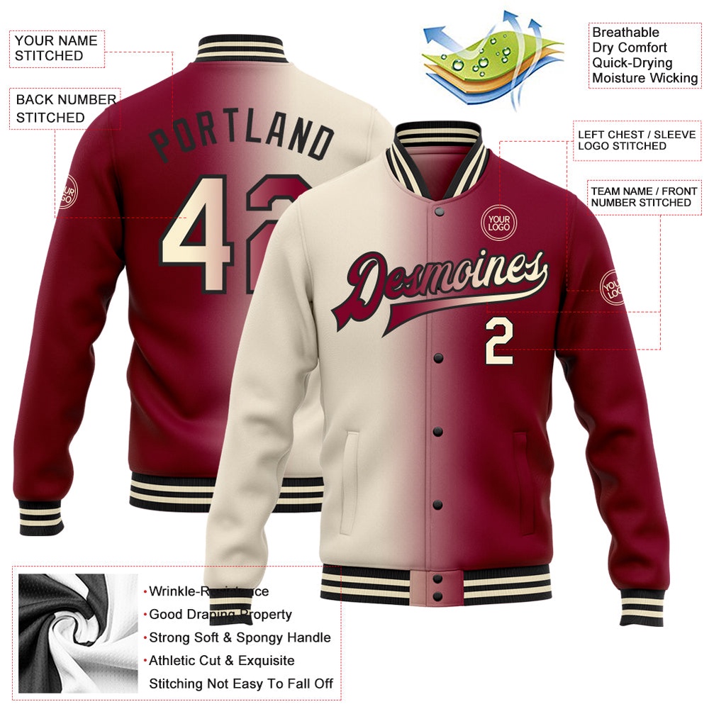 Custom Maroon Cream Black Bomber Full Snap Varsity Letterman Gradient Fashion Jacket, Custom Team Jacket