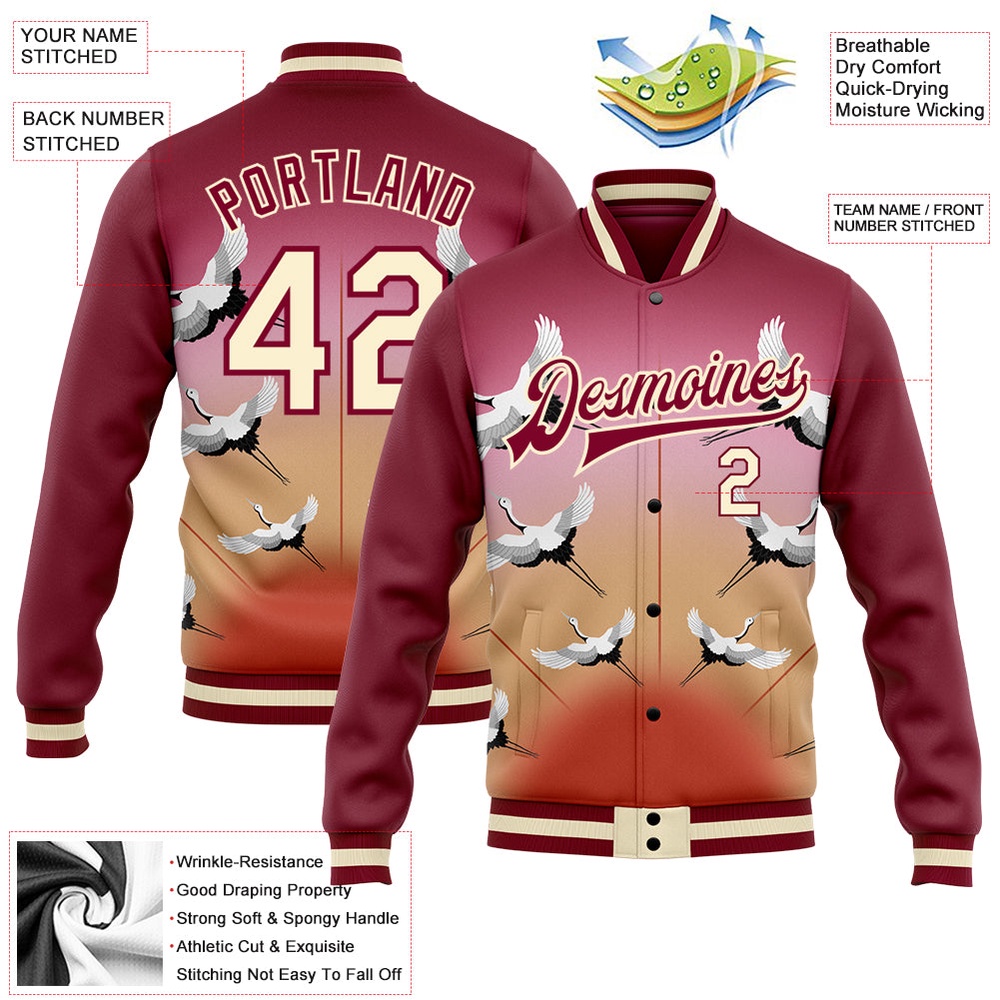 Custom Maroon Cream Heron 3D Pattern Design Bomber Full Snap Baseball Jacket, Custom Team Jacket