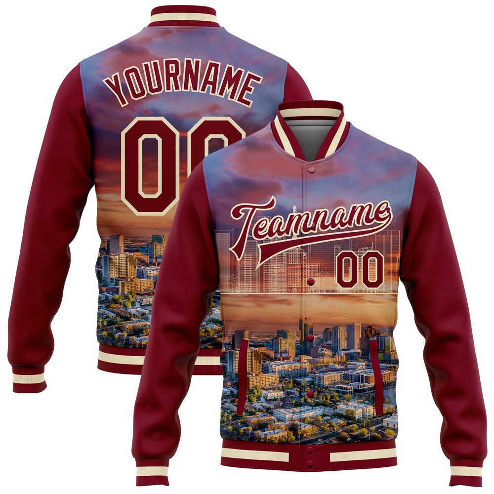 Custom Maroon Cream Phoenix Arizona City Edition 3D Bomber Full Snap Baseball Jacket, Custom Team Jacket