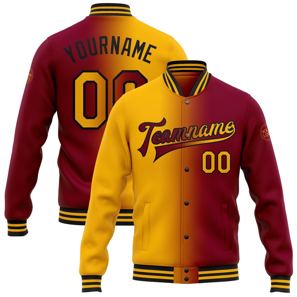 Custom Maroon Gold Black Bomber Full Snap Varsity Letterman Gradient Fashion Jacket, Custom Team Jacket