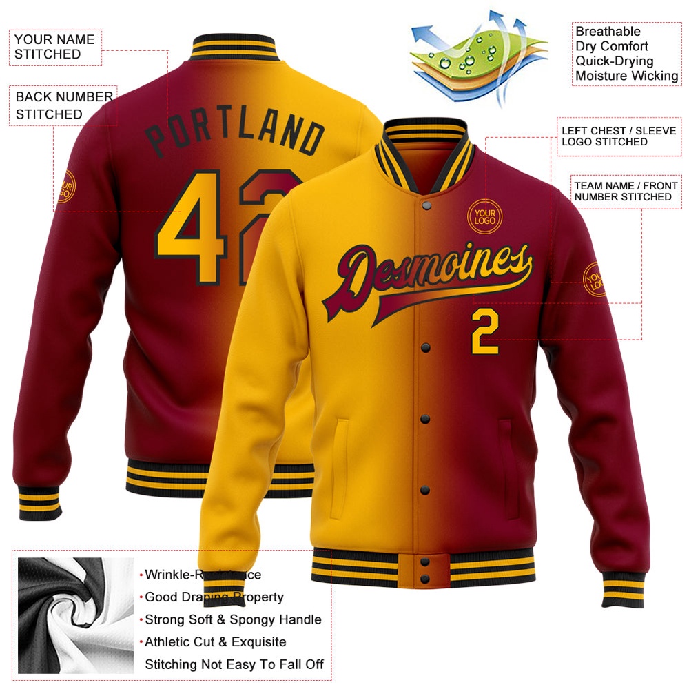 Custom Maroon Gold Black Bomber Full Snap Varsity Letterman Gradient Fashion Jacket, Custom Team Jacket