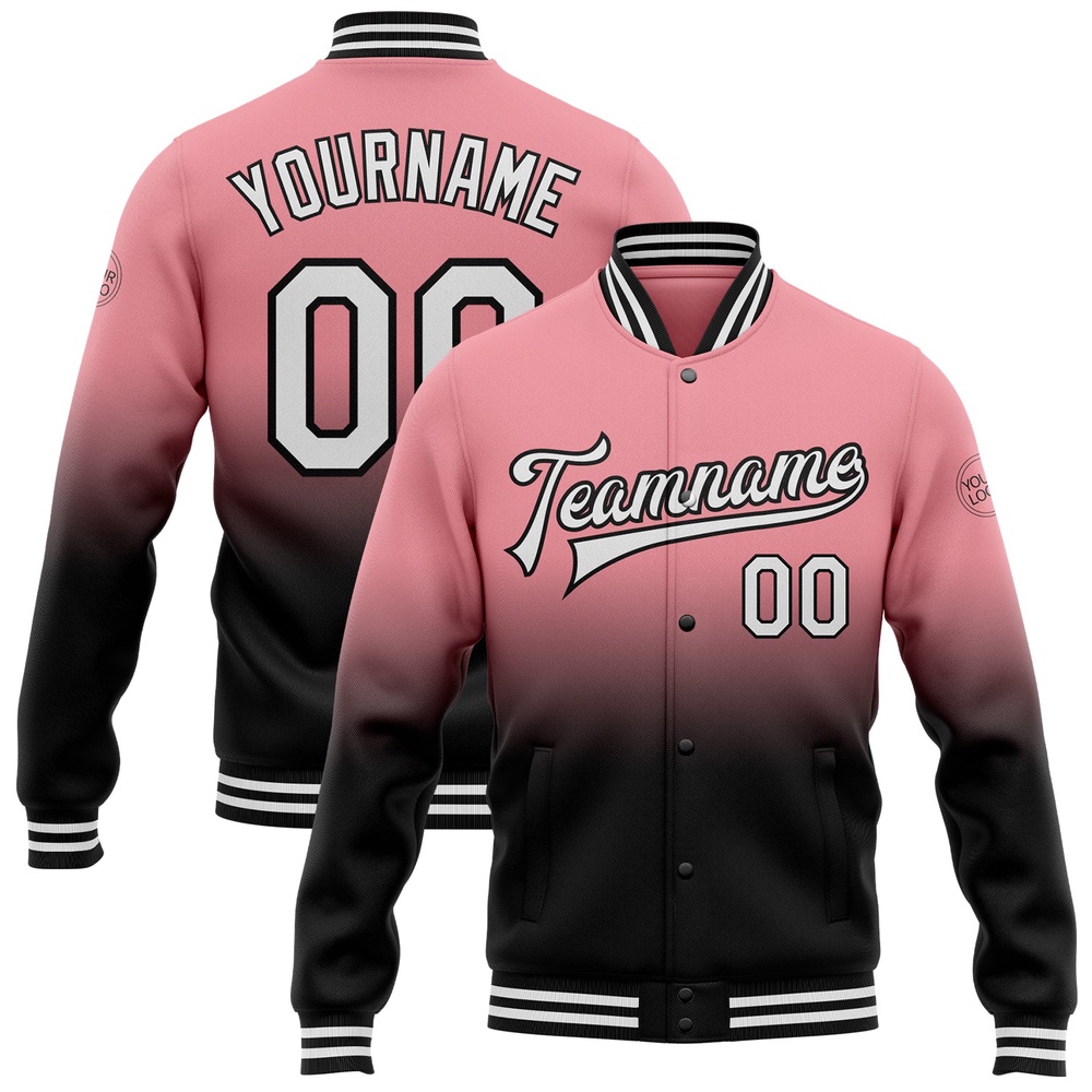 Custom Medium Pink White Black Bomber Full Snap Baseball Jacket, Custom Team Jacket