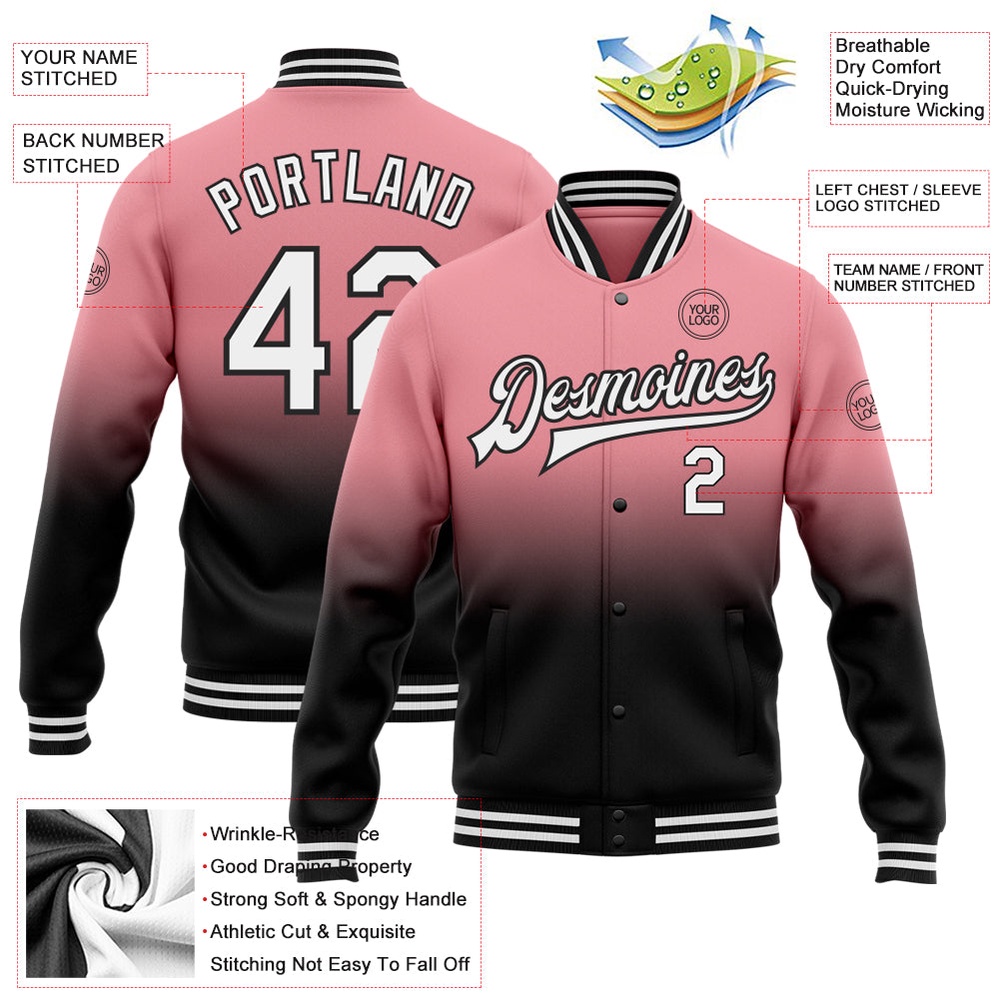 Custom Medium Pink White Black Bomber Full Snap Baseball Jacket, Custom Team Jacket