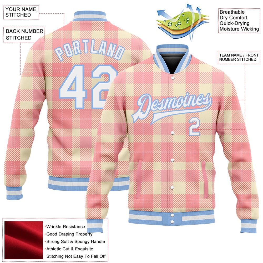 Custom Medium Pink White Light Blue Classic Western Plaid 3D Pattern Design Bomber Full Snap Baseball Jacket, Custom Team Jacket
