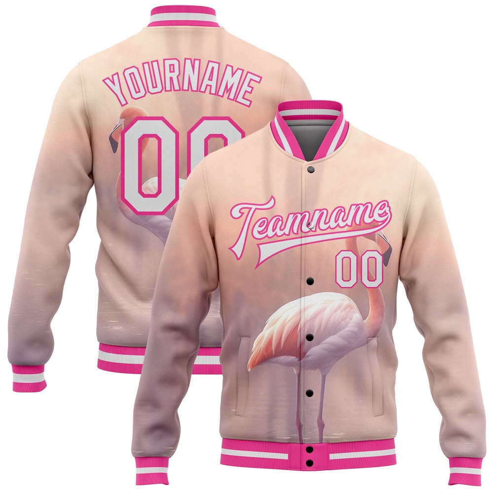 Custom Medium Pink White Pink Flamingo 3D Pattern Design Bomber Full Snap Baseball Jacket, Custom Team Jacket