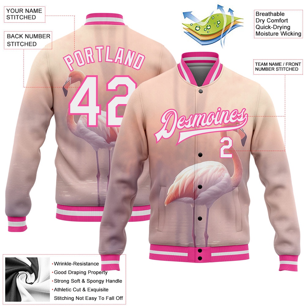 Custom Medium Pink White Pink Flamingo 3D Pattern Design Bomber Full Snap Baseball Jacket, Custom Team Jacket