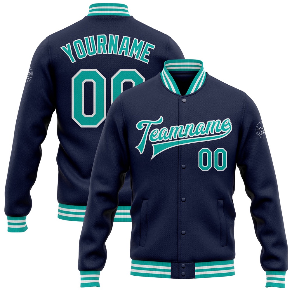 Custom Navy Aqua White Bomber Full Snap Baseball Jacket, Custom Team Jacket