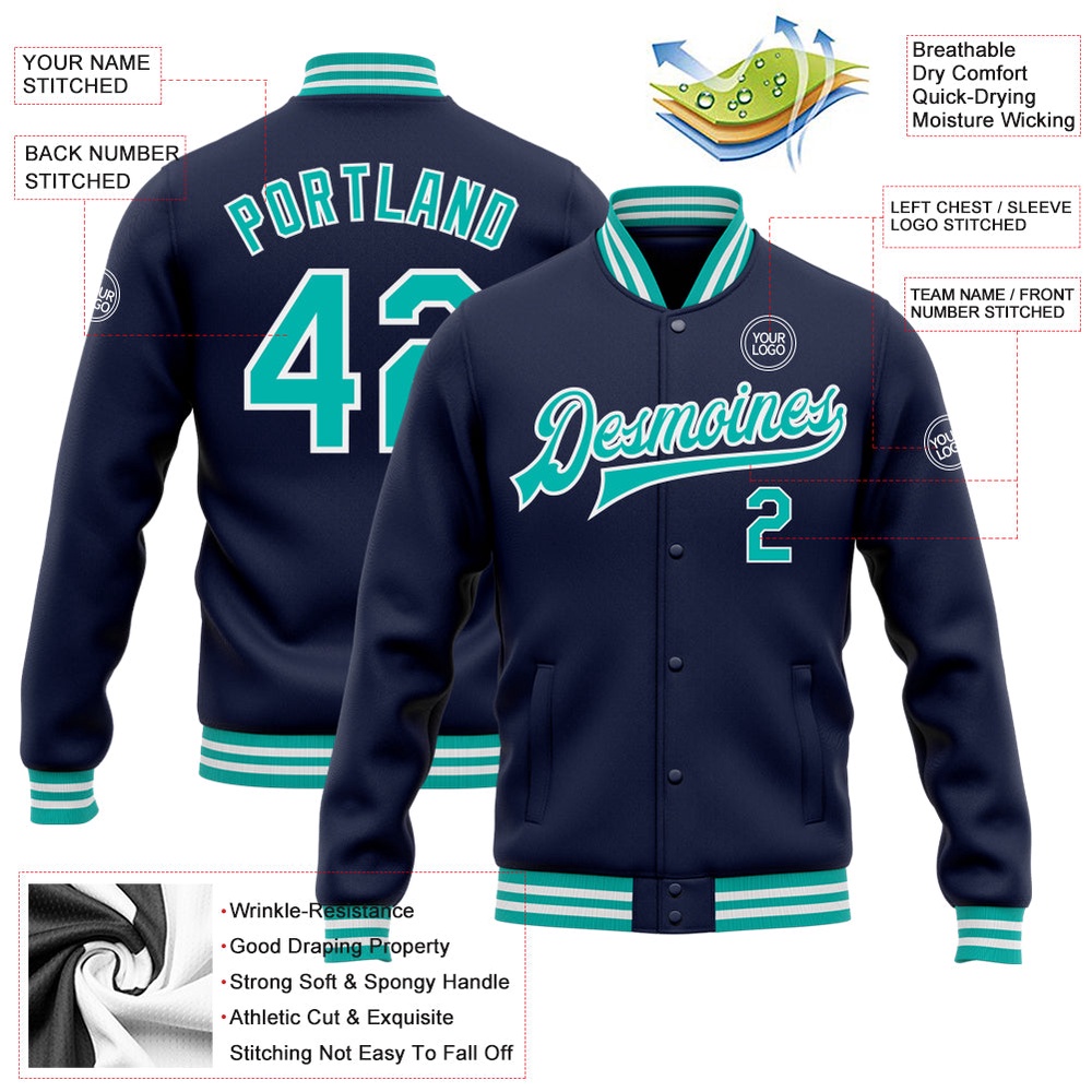 Custom Navy Aqua White Bomber Full Snap Baseball Jacket, Custom Team Jacket