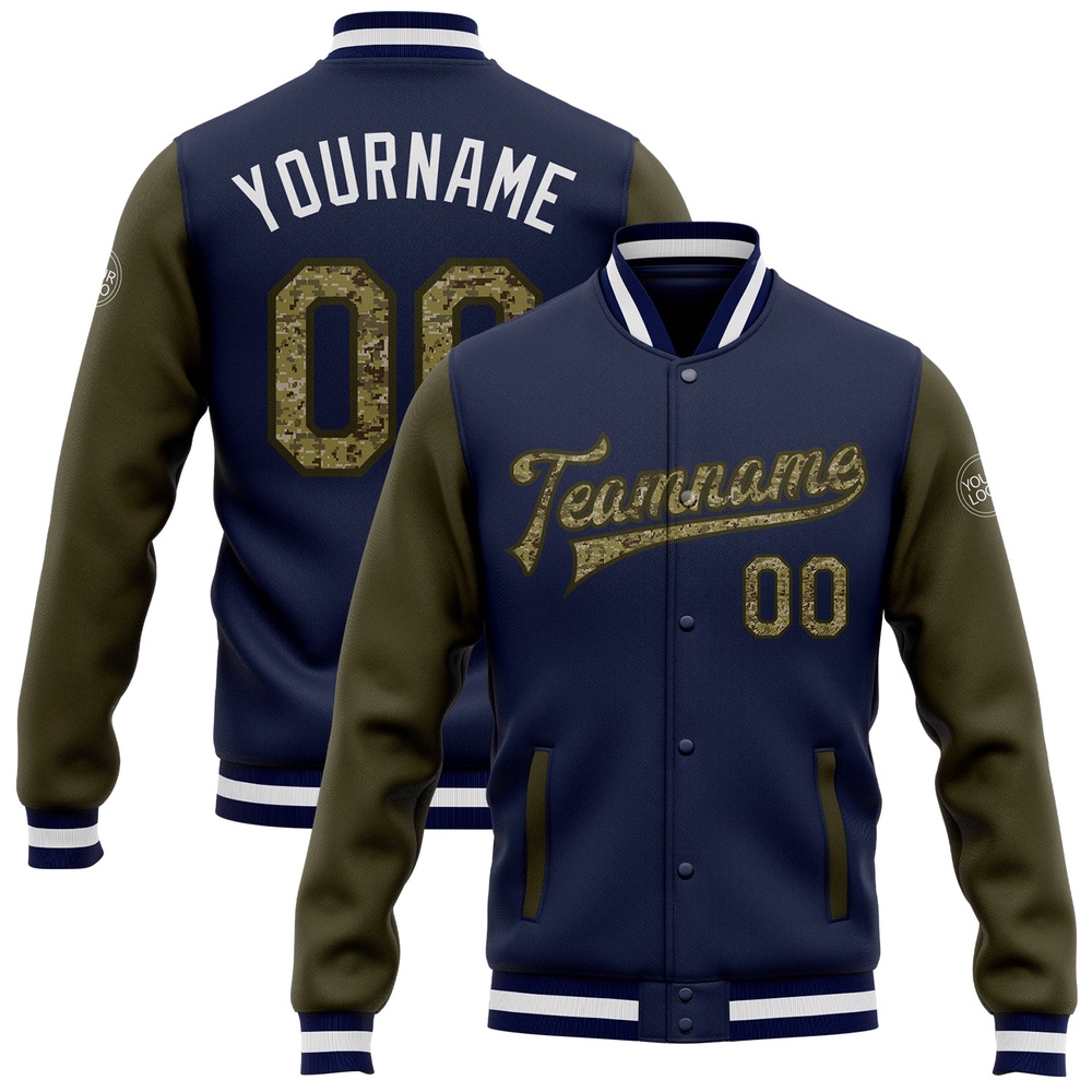 Custom Navy Camo Olive Bomber Full Snap Varsity Baseball Jacket, Custom Team Jacket