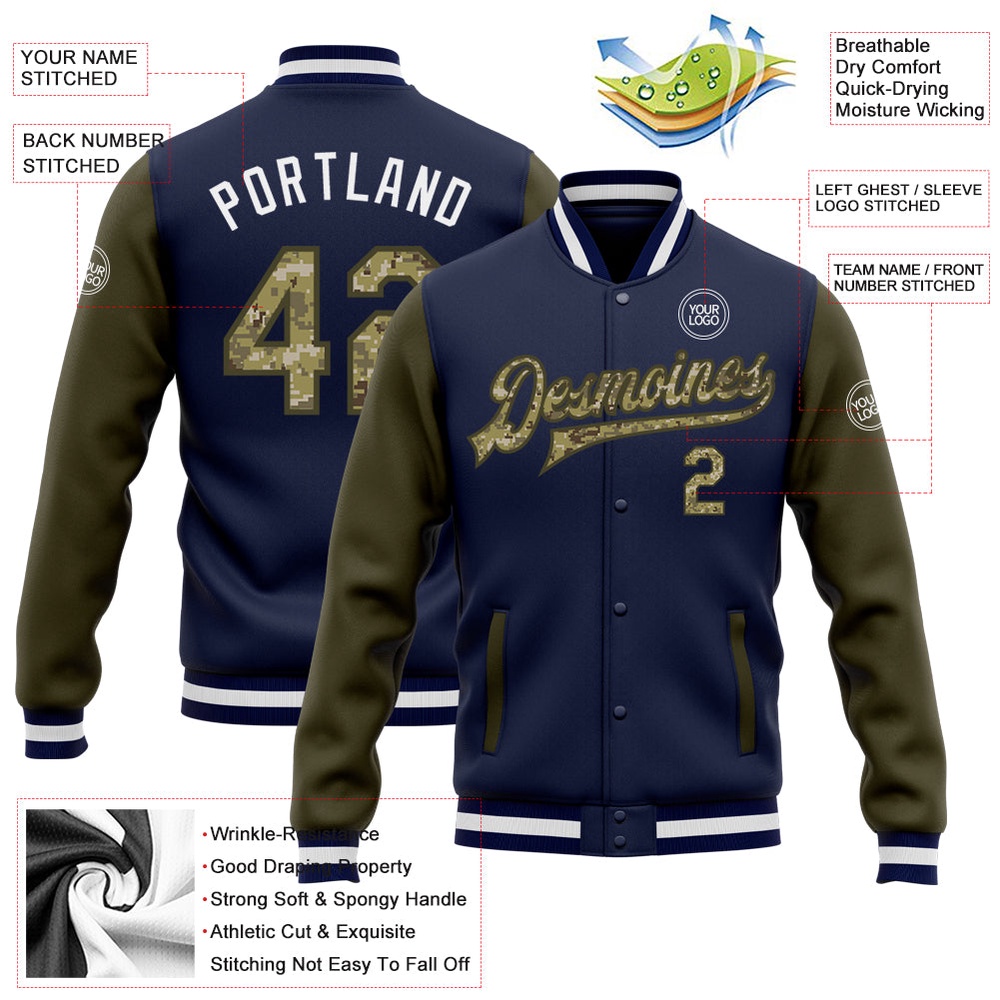Custom Navy Camo Olive Bomber Full Snap Varsity Baseball Jacket, Custom Team Jacket