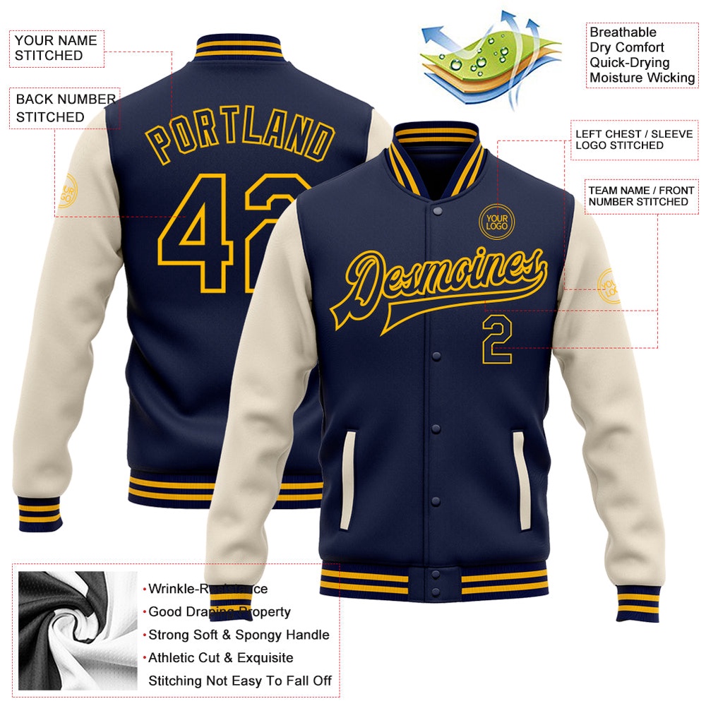 Custom Navy Cream Gold Bomber Full Snap Varsity Baseball Jacket, Custom Team Jacket