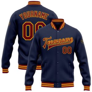 Custom Navy Crimson Gold Bomber Full Snap…