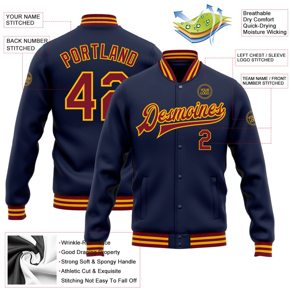 Custom Navy Crimson Gold Bomber Full Snap Baseball Jacket, Custom Team Jacket