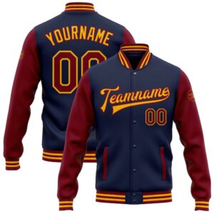 Custom Navy Crimson Gold Bomber Full Snap…
