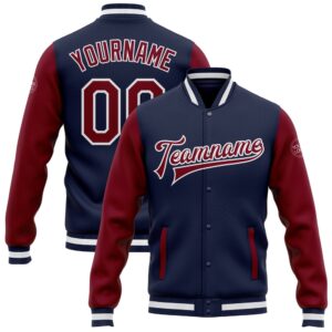 Custom Navy Crimson White Bomber Full Snap…