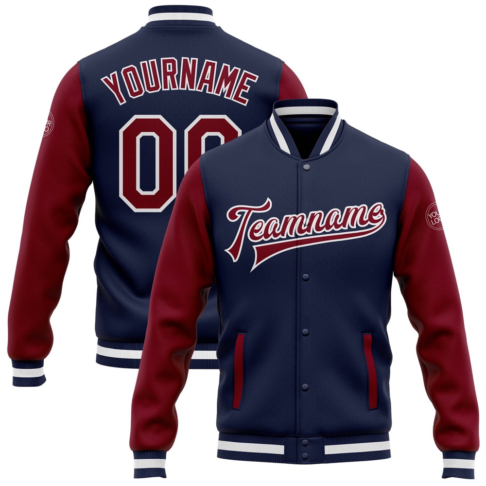 Custom Navy Crimson White Bomber Full Snap Varsity Baseball Jacket, Custom Team Jacket Custom Navy Crimson White Bomber Full Snap Varsity Baseball Jacket, Custom Team Jacket