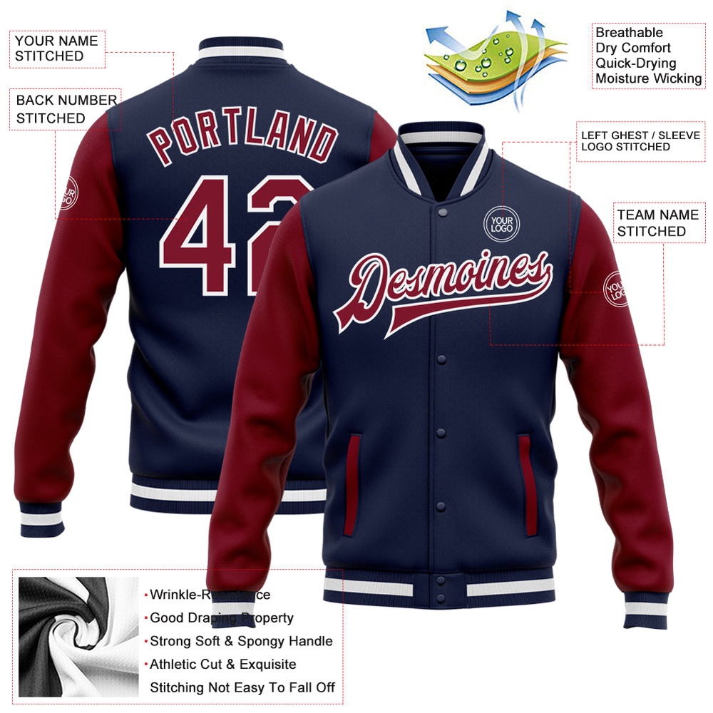 Custom Navy Crimson White Bomber Full Snap Varsity Baseball Jacket, Custom Team Jacket Custom Navy Crimson White Bomber Full Snap Varsity Baseball Jacket, Custom Team Jacket