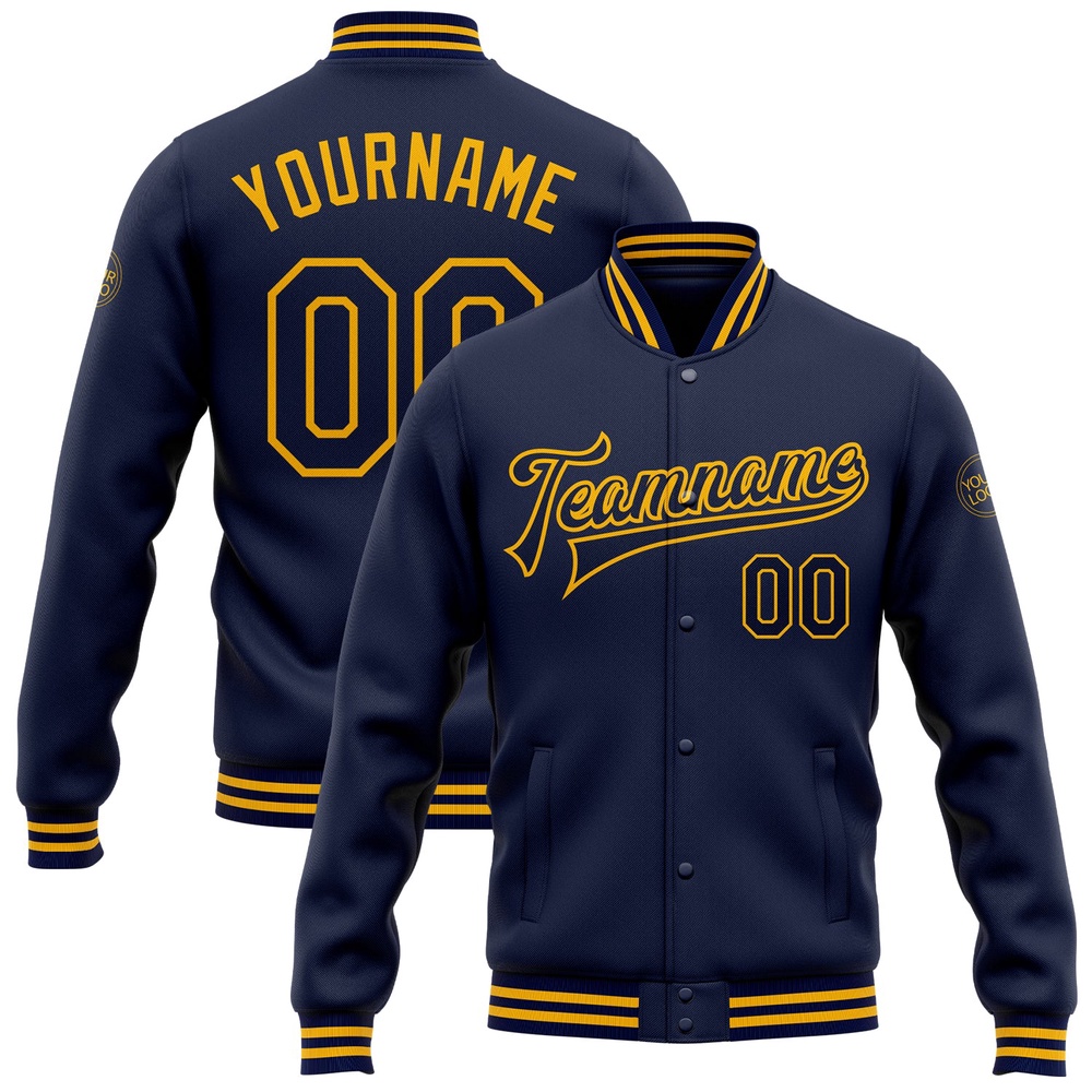 Custom Navy Gold Bomber Full Snap Baseball Jacket, Custom Team Jacket