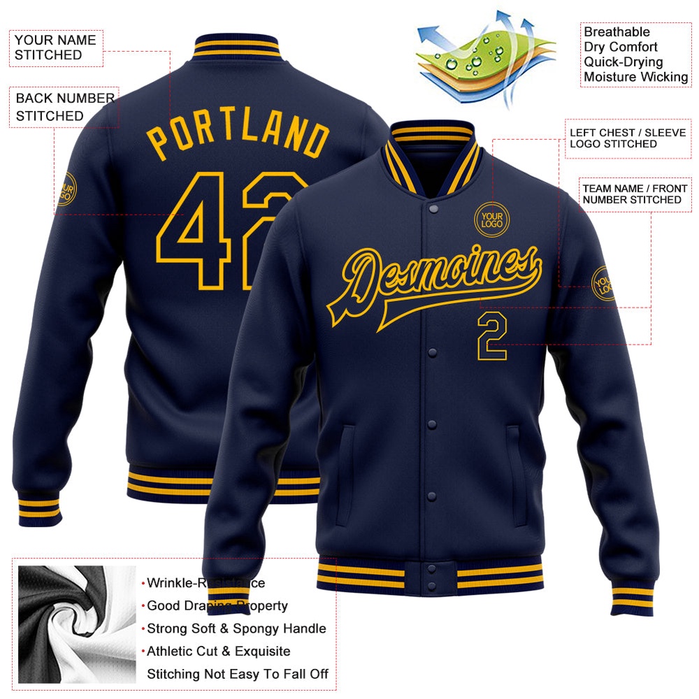 Custom Navy Gold Bomber Full Snap Baseball Jacket, Custom Team Jacket