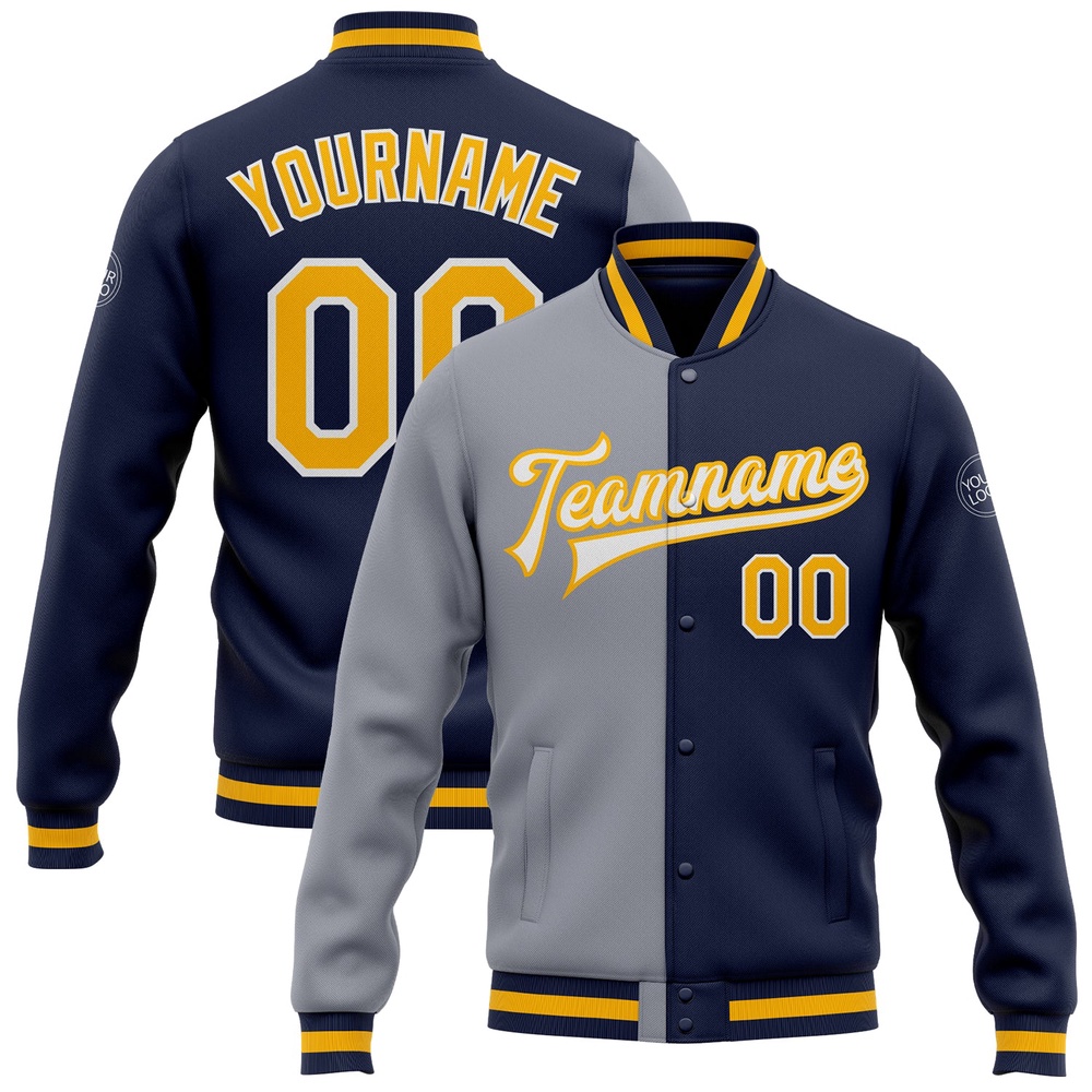 Custom Navy Gold Gray Bomber Full Snap Varsity Letterman Split Fashion Jacket, Custom Team Jacket