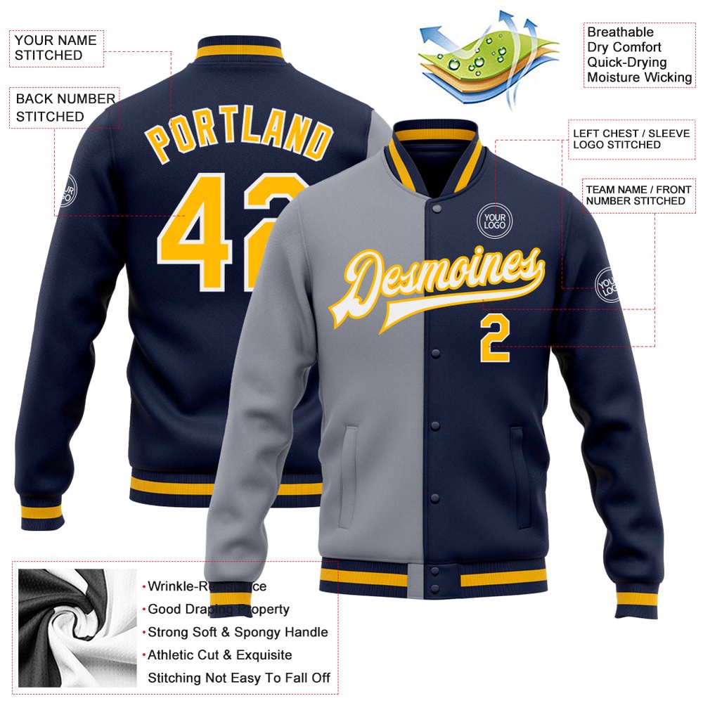 Custom Navy Gold Gray Bomber Full Snap Varsity Letterman Split Fashion Jacket, Custom Team Jacket