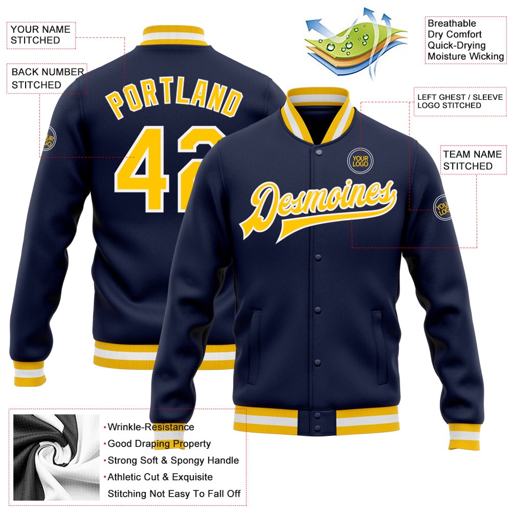 Custom Navy Gold White Bomber Full Snap Baseball Jacket, Custom Team Jacket Custom Navy Gold White Bomber Full Snap Baseball Jacket, Custom Team Jacket