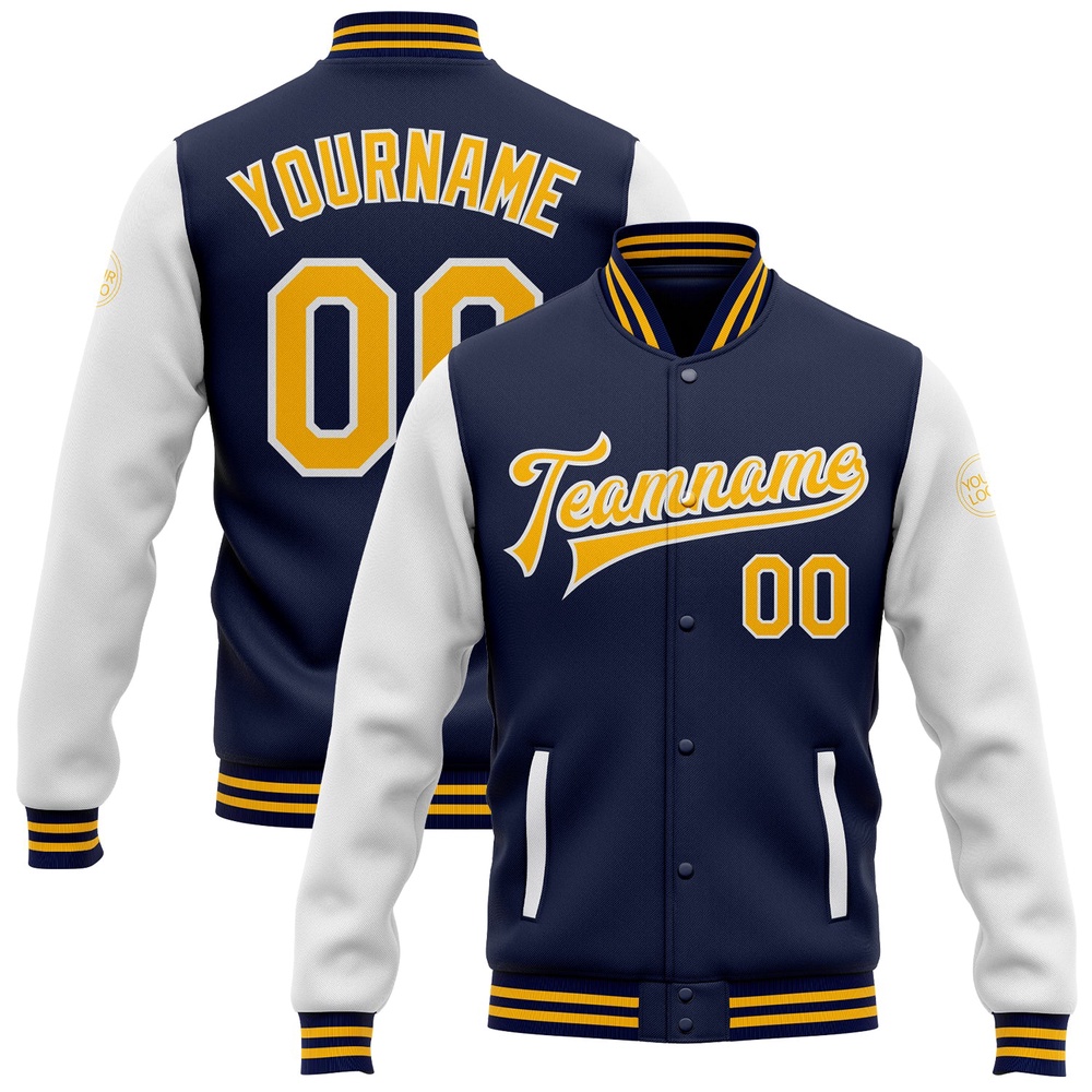 Custom Navy Gold White Bomber Full Snap Varsity Baseball Jacket, Custom Team Jacket