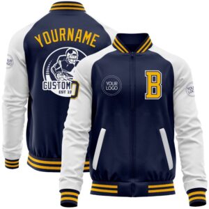 Custom Navy Gold White Bomber Varsity Baseball…