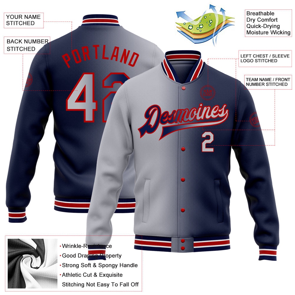 Custom Navy Gray Red Bomber Full Snap Varsity Letterman Gradient Fashion Jacket, Custom Team Jacket