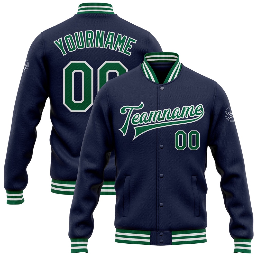 Custom Navy Kelly Green White Bomber Full Snap Baseball Jacket, Custom Team Jacket Custom Navy Kelly Green White Bomber Full Snap Baseball Jacket, Custom Team Jacket