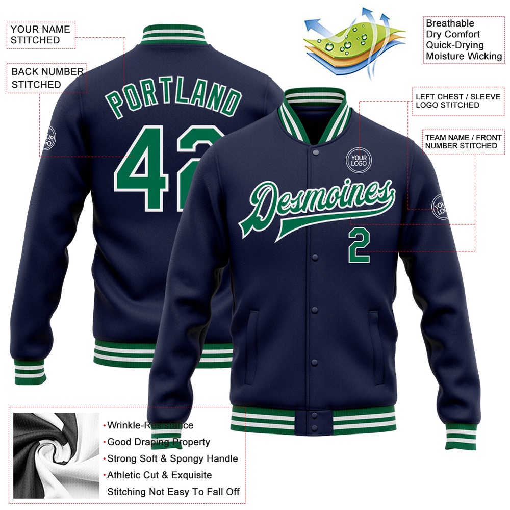 Custom Navy Kelly Green White Bomber Full Snap Baseball Jacket, Custom Team Jacket Custom Navy Kelly Green White Bomber Full Snap Baseball Jacket, Custom Team Jacket