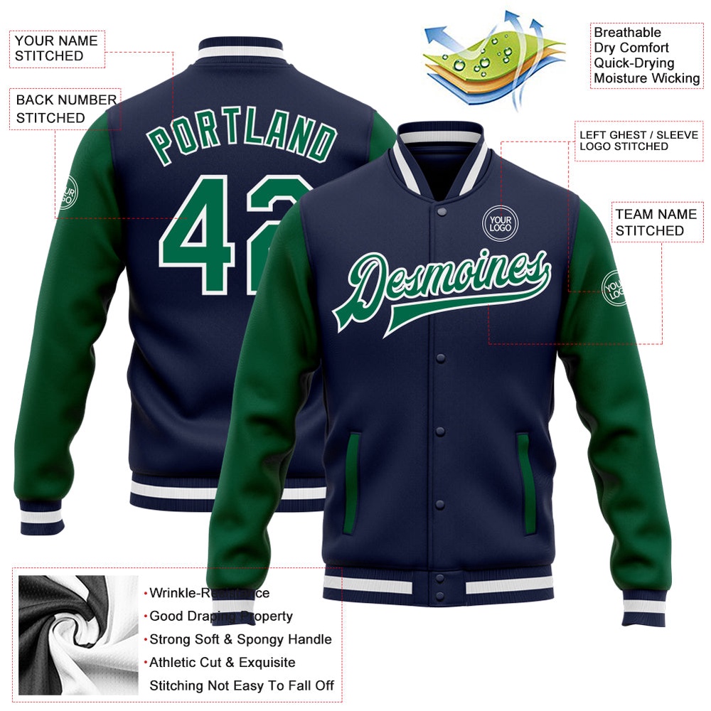 Custom Navy Kelly Green White Bomber Full Snap Varsity Baseball Jacket, Custom Team Jacket
