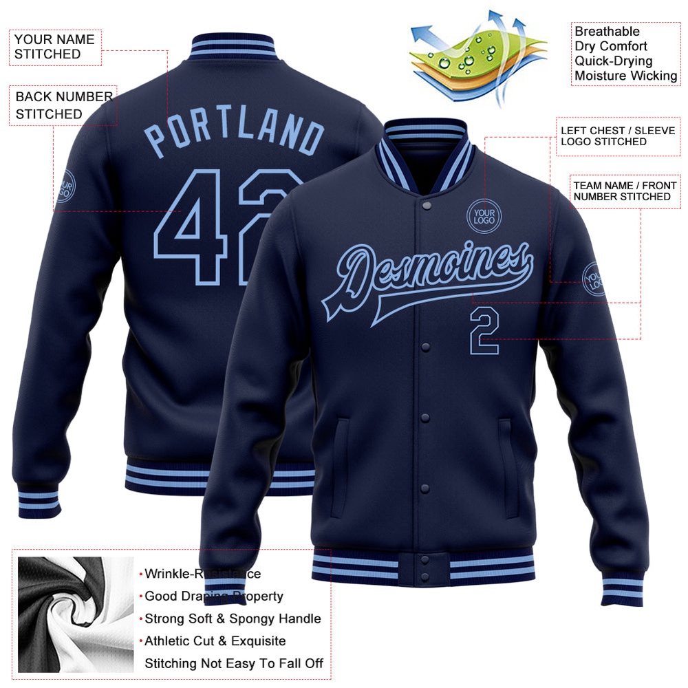 Custom Navy Light Blue Bomber Full Snap Baseball Jacket, Custom Team Jacket Custom Navy Light Blue Bomber Full Snap Baseball Jacket, Custom Team Jacket
