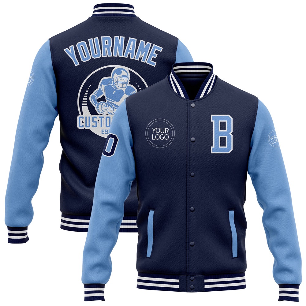 Custom Navy Light Blue White Bomber Full Snap Varsity Baseball Jacket, Custom Team Jacket