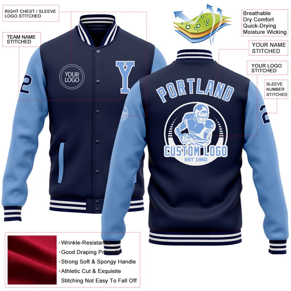 Custom Navy Light Blue White Bomber Full Snap Varsity Baseball Jacket, Custom Team Jacket