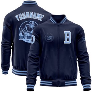 Custom Navy Light Blue White Bomber Varsity…