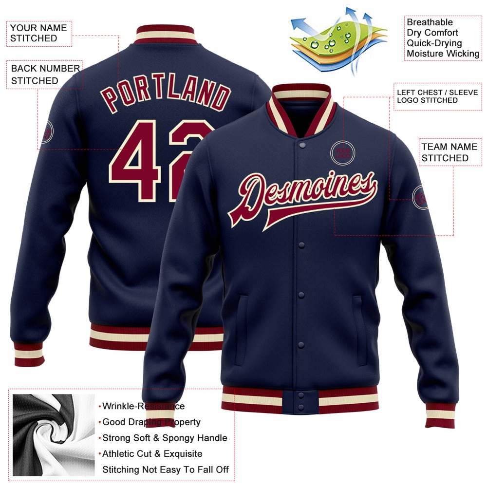 Custom Navy Maroon Cream Bomber Full Snap Baseball Jacket, Custom Team Jacket