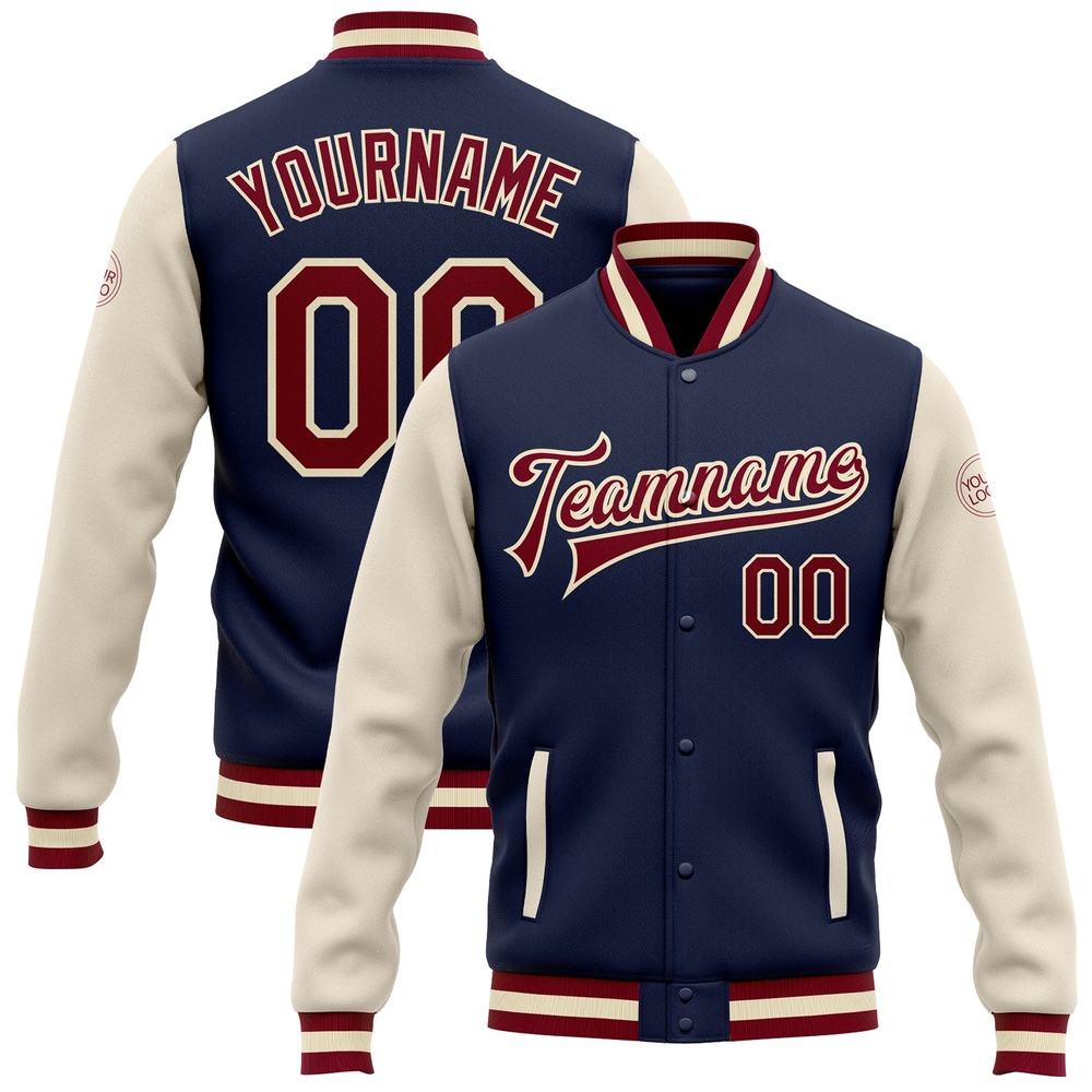 Custom Navy Maroon Cream Bomber Full Snap Varsity Baseball Jacket, Custom Team Jacket