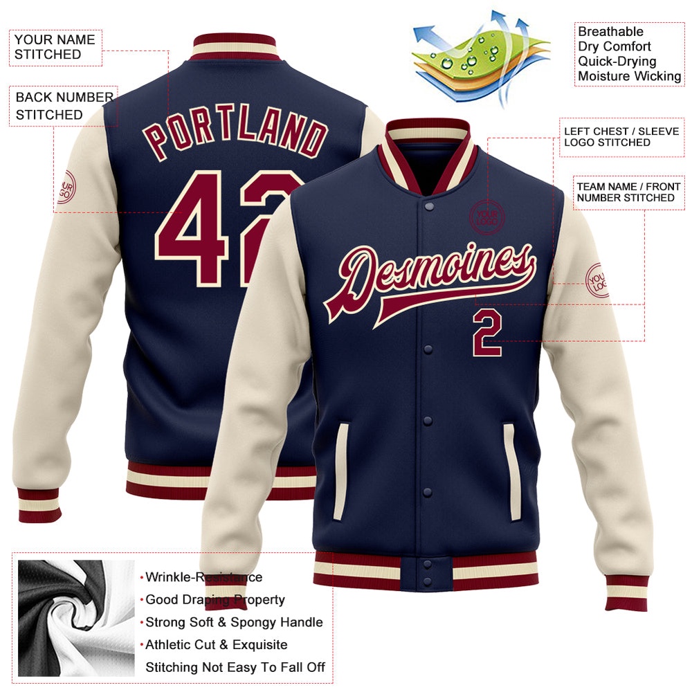 Custom Navy Maroon Cream Bomber Full Snap Varsity Baseball Jacket, Custom Team Jacket