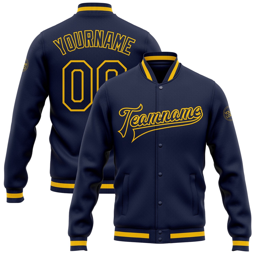 Custom Navy Navy Gold Bomber Full Snap Baseball Jacket, Custom Team Jacket