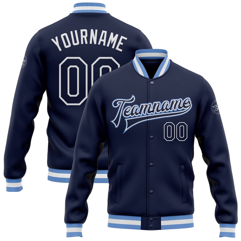 Custom Navy Navy Light Blue Bomber Full Snap Baseball Jacket, Custom Team Jacket