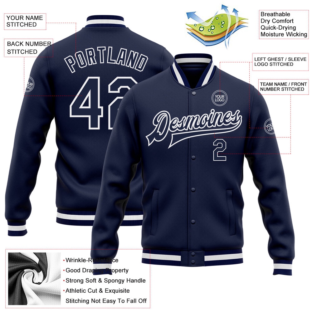 Custom Navy Navy White Bomber Full Snap Baseball Jacket, Custom Team Jacket