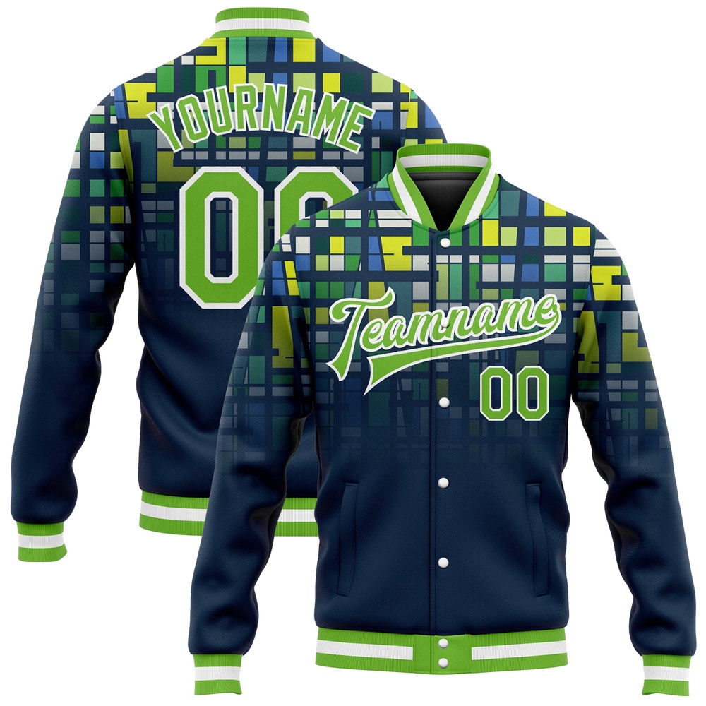 Custom Navy Neon Green White 3D Pattern Design Bomber Full Snap Baseball Jacket, Custom Team Jacket