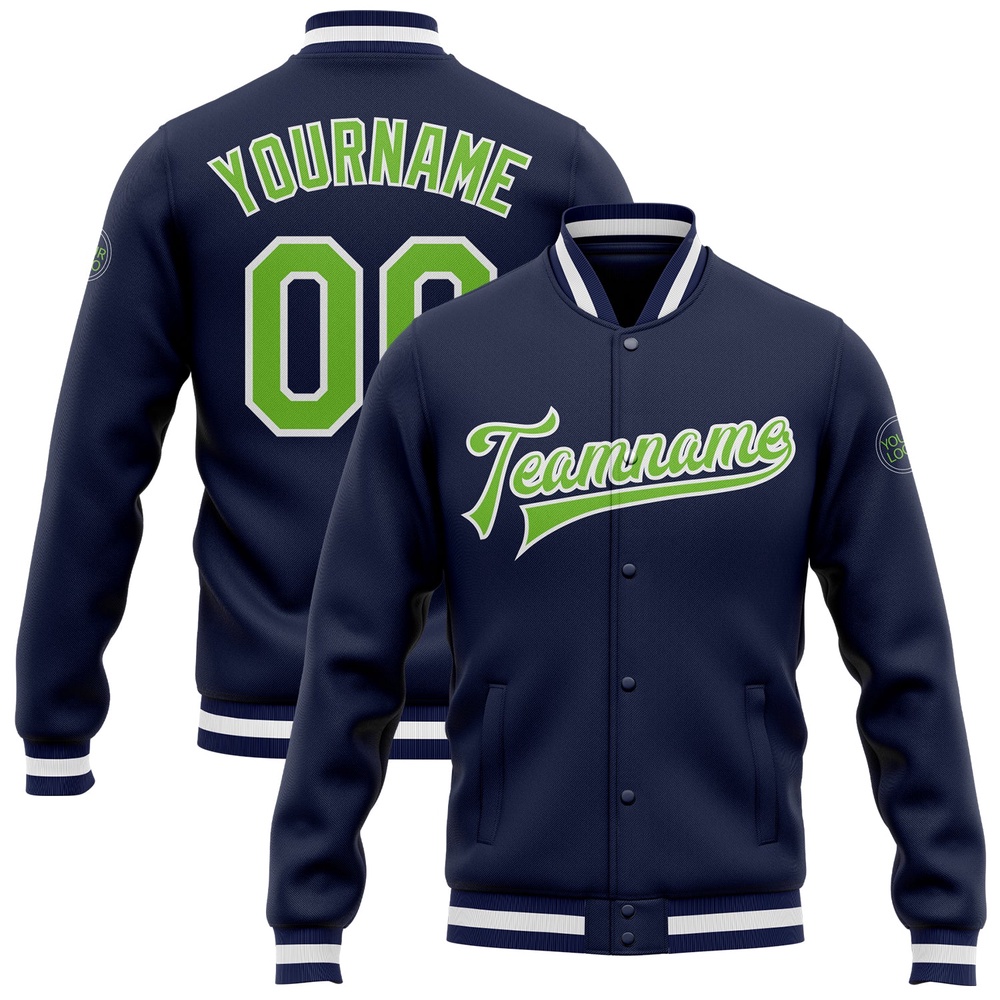 Custom Navy Neon Green White Bomber Full Snap Baseball Jacket, Custom Team Jacket