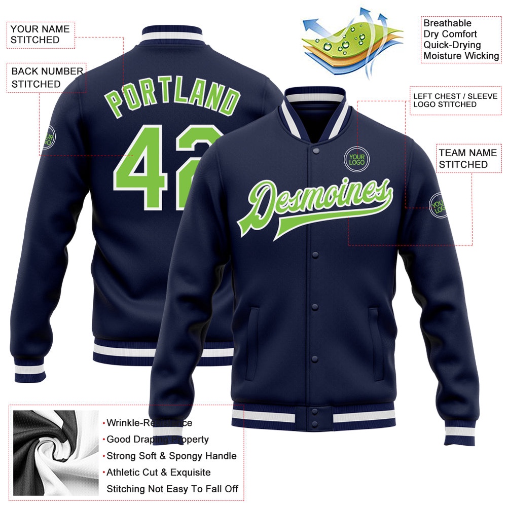 Custom Navy Neon Green White Bomber Full Snap Baseball Jacket, Custom Team Jacket