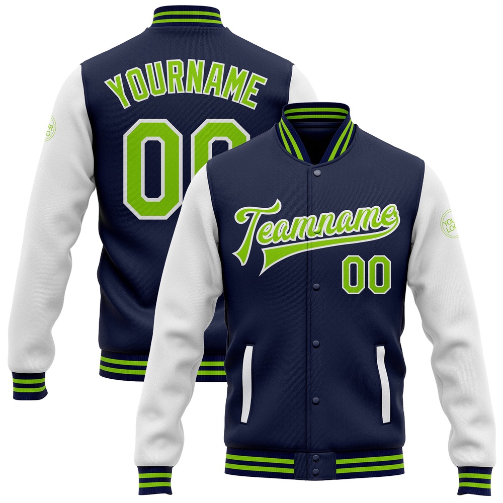 Custom Navy Neon Green White Bomber Full Snap Varsity Baseball Jacket, Custom Team Jacket Custom Navy Neon Green White Bomber Full Snap Varsity Baseball Jacket, Custom Team Jacket