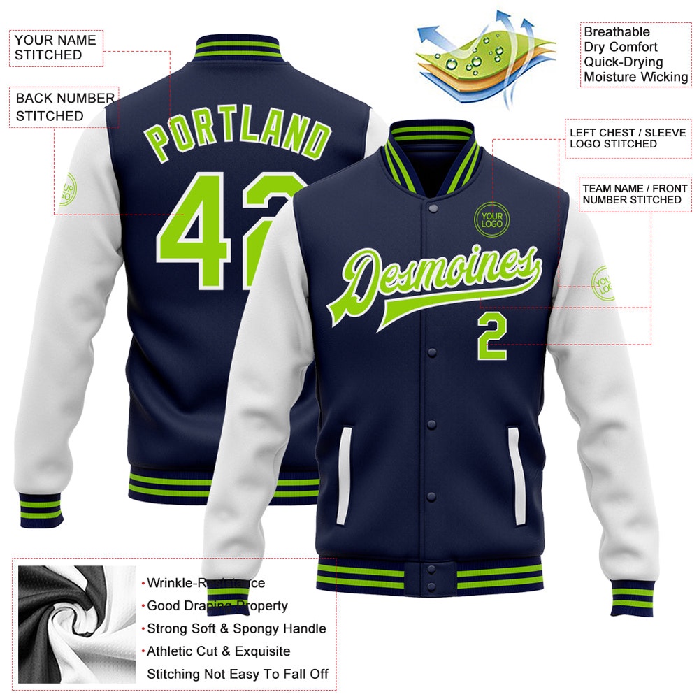 Custom Navy Neon Green White Bomber Full Snap Varsity Baseball Jacket, Custom Team Jacket Custom Navy Neon Green White Bomber Full Snap Varsity Baseball Jacket, Custom Team Jacket
