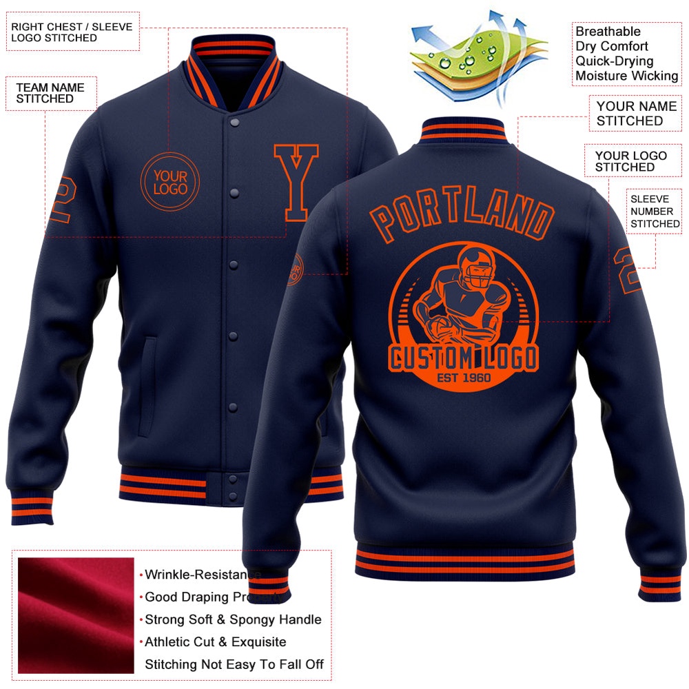 Custom Navy Orange Bomber Full Snap Baseball Jacket, Custom Team Jacket